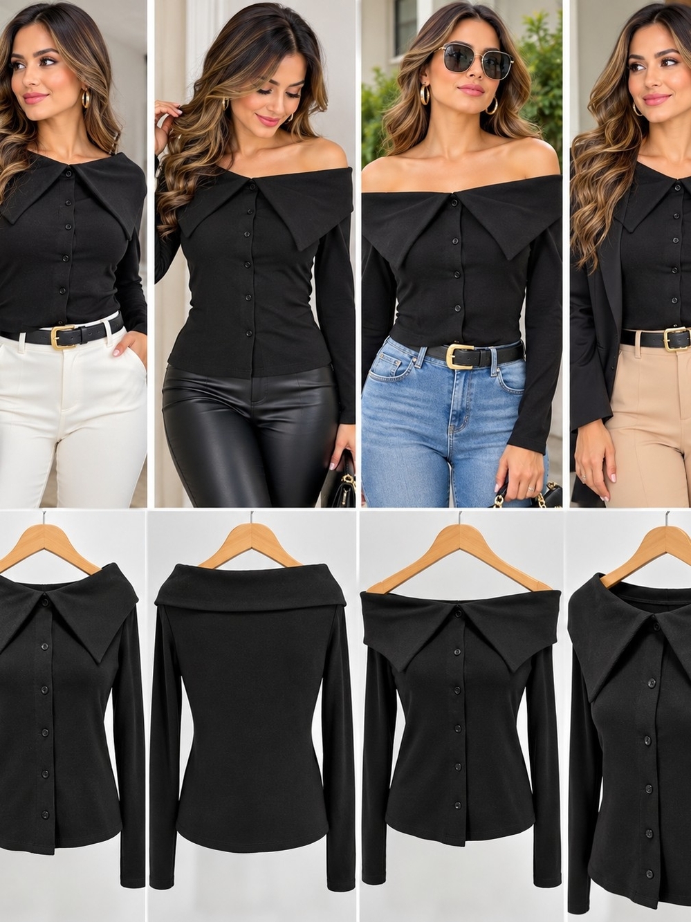 Haute Monde Black Off-Shoulder Fold-Over Button Top